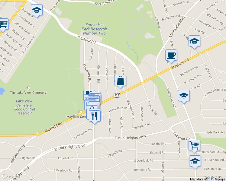 map of restaurants, bars, coffee shops, grocery stores, and more near 1668 Eddington Road in Cleveland Heights