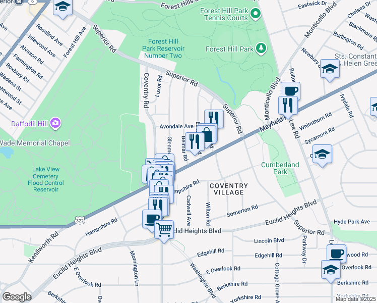 map of restaurants, bars, coffee shops, grocery stores, and more near 1668 Eddington Road in Cleveland Heights