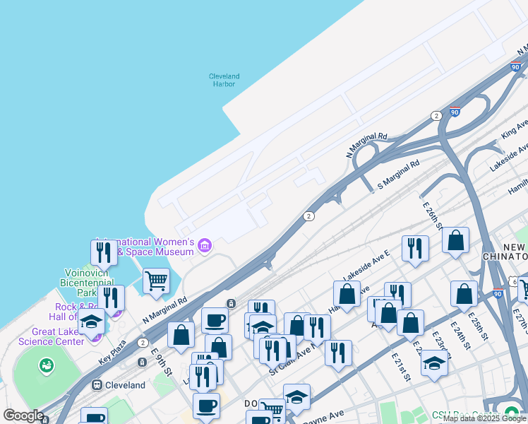 map of restaurants, bars, coffee shops, grocery stores, and more near 1601 N Marginal Rd in Cleveland
