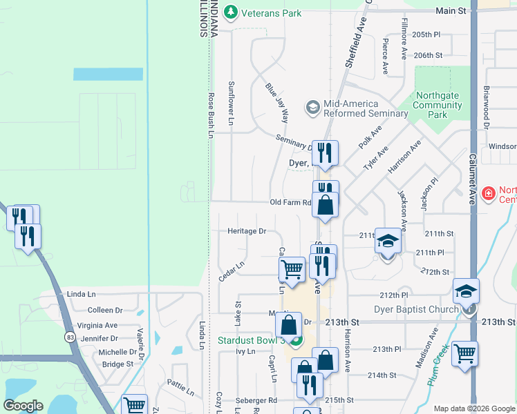map of restaurants, bars, coffee shops, grocery stores, and more near 1001 Richmond Court in Dyer