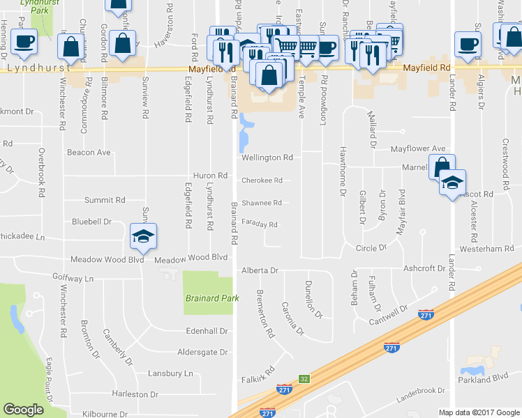 map of restaurants, bars, coffee shops, grocery stores, and more near 5674 Shawnee Road in Cleveland