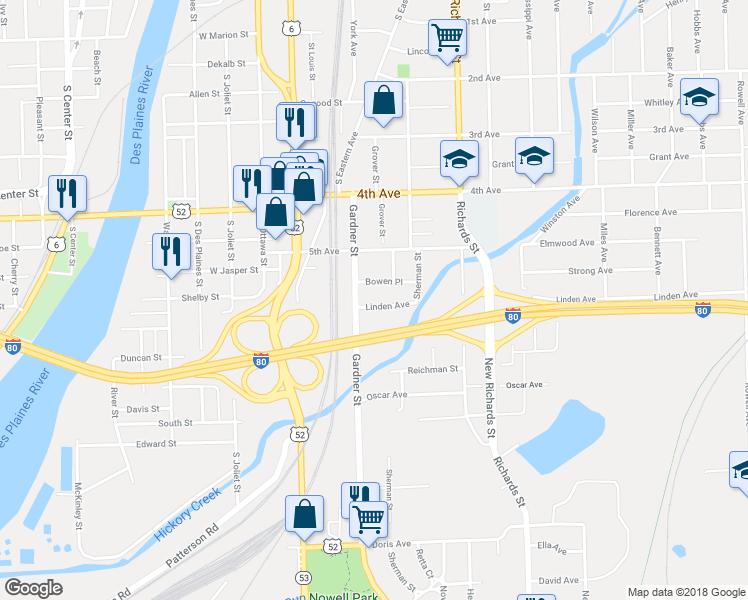map of restaurants, bars, coffee shops, grocery stores, and more near 109 Linden Avenue in Joliet