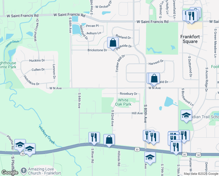 map of restaurants, bars, coffee shops, grocery stores, and more near 6035 West North Avenue in Frankfort
