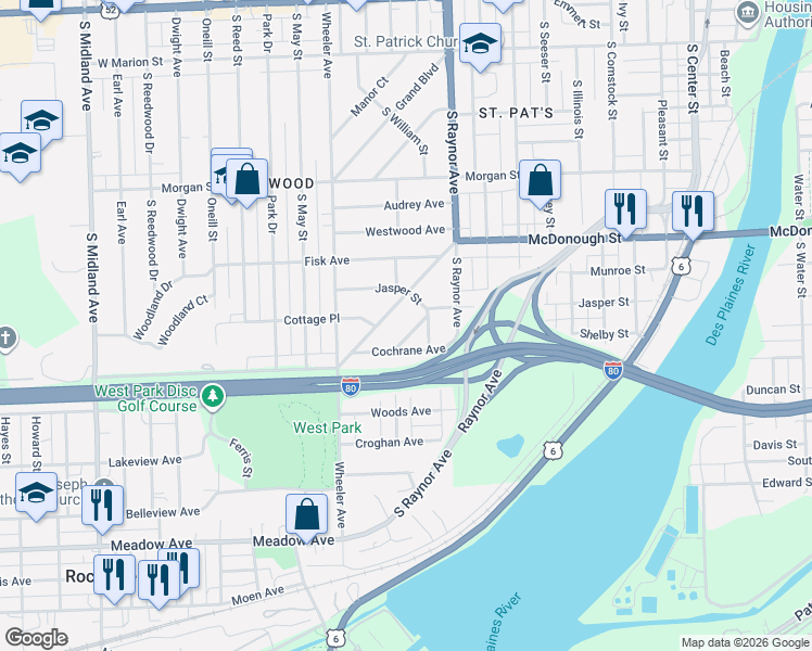 map of restaurants, bars, coffee shops, grocery stores, and more near 906 West Park Avenue in Joliet
