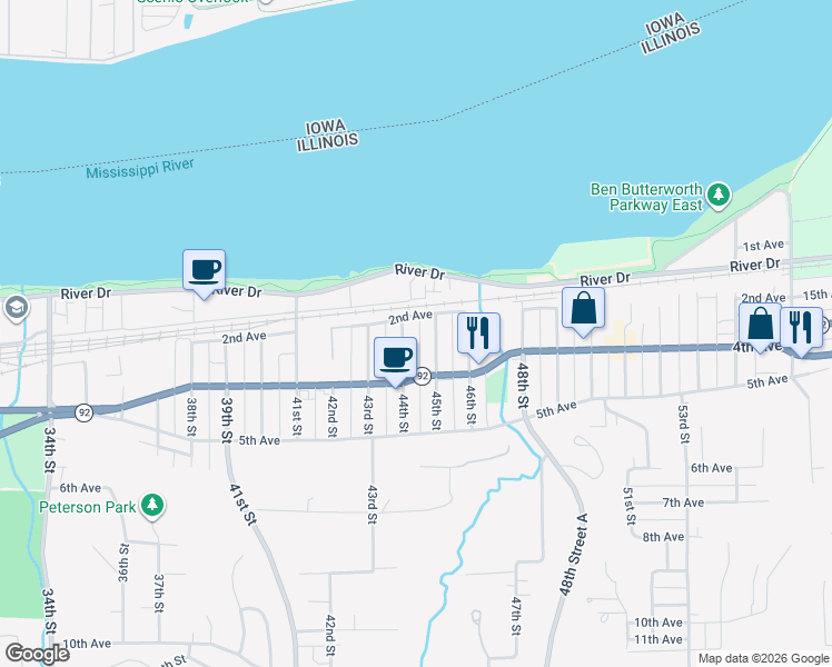 map of restaurants, bars, coffee shops, grocery stores, and more near 4400 2nd Avenue in Moline