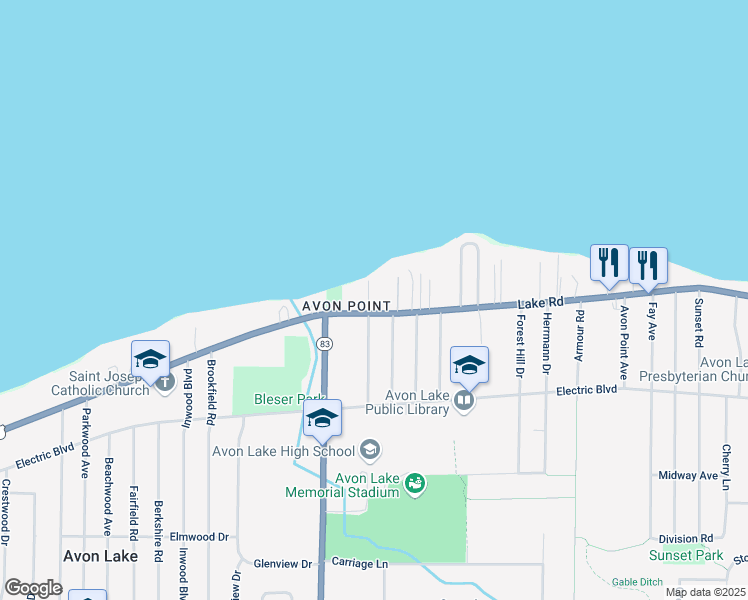 map of restaurants, bars, coffee shops, grocery stores, and more near 88 Beachdale Drive in Avon Lake