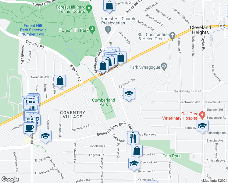 map of restaurants, bars, coffee shops, grocery stores, and more near 1672 Lee Road in Cleveland Heights