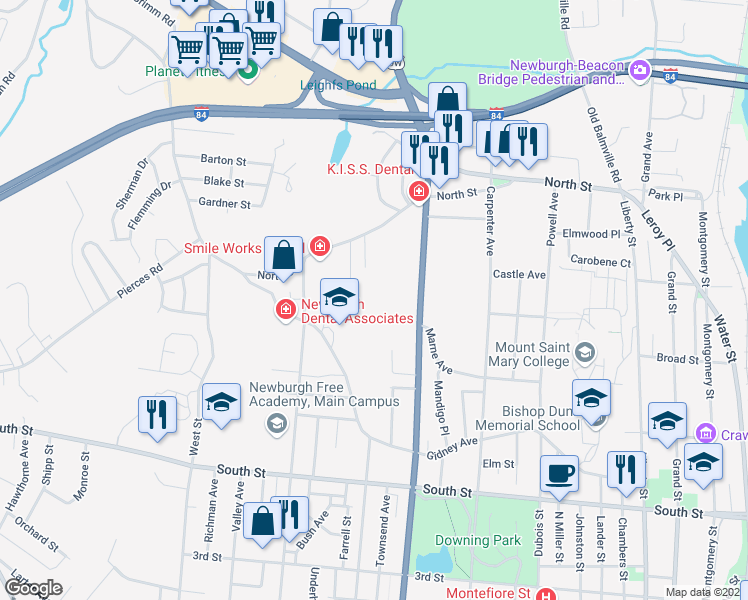 map of restaurants, bars, coffee shops, grocery stores, and more near 301 Robinson Avenue in Newburgh