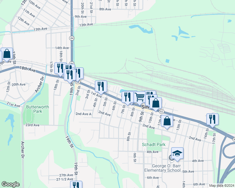 map of restaurants, bars, coffee shops, grocery stores, and more near 2 6th Street in Silvis
