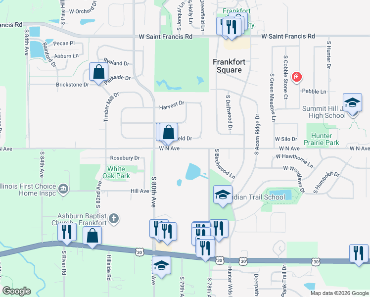 map of restaurants, bars, coffee shops, grocery stores, and more near 1643 West North Avenue in Frankfort