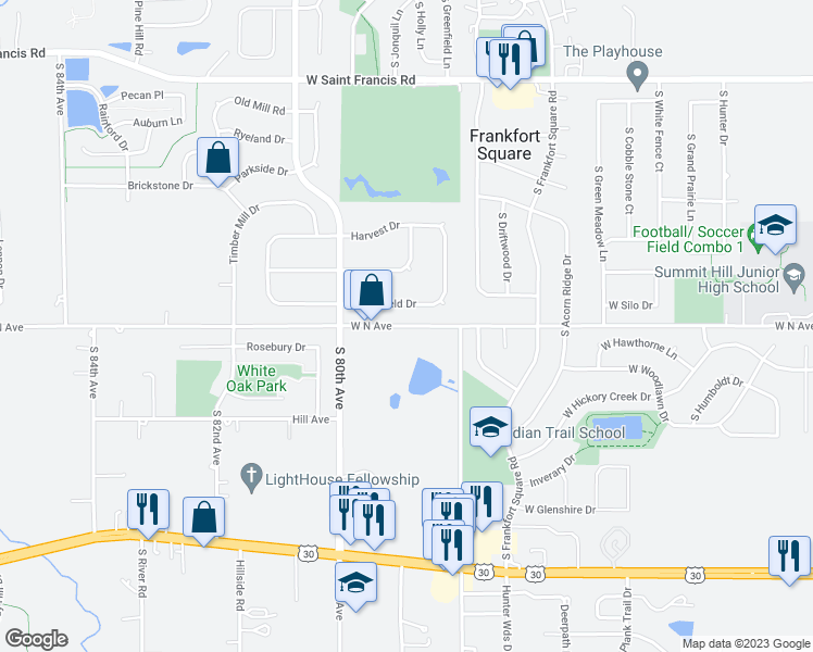 map of restaurants, bars, coffee shops, grocery stores, and more near 1649 West North Avenue in Frankfort