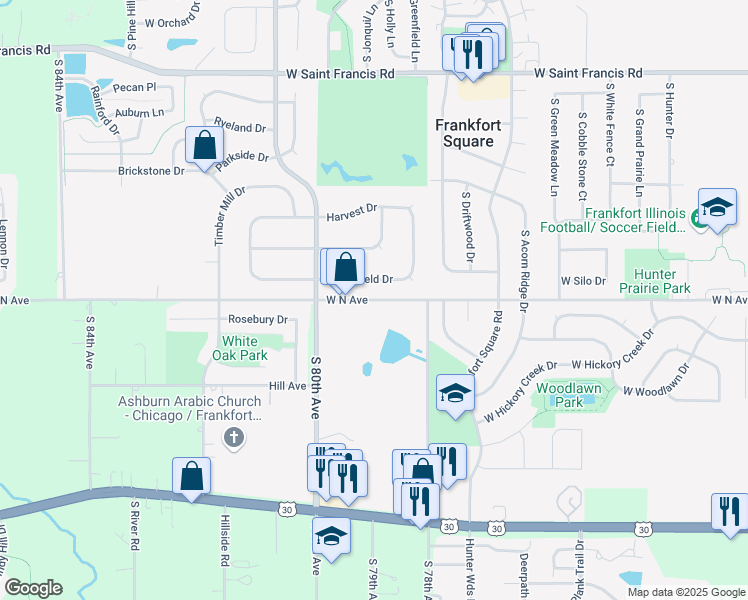 map of restaurants, bars, coffee shops, grocery stores, and more near 1743 West North Avenue in Frankfort