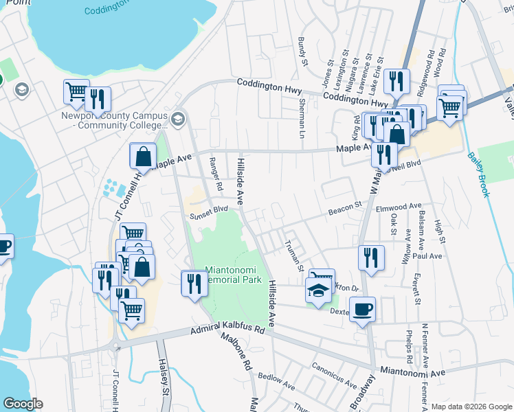 map of restaurants, bars, coffee shops, grocery stores, and more near 6 Hobbs Street in Newport