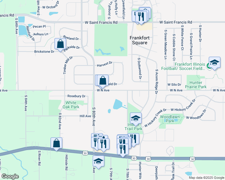 map of restaurants, bars, coffee shops, grocery stores, and more near 1657 West North Avenue in Frankfort