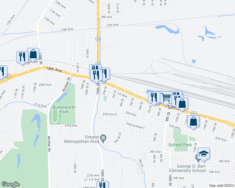 map of restaurants, bars, coffee shops, grocery stores, and more near 123 3rd Street in Silvis