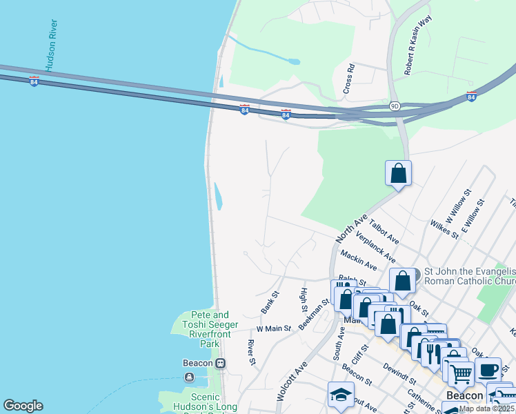 map of restaurants, bars, coffee shops, grocery stores, and more near 12 Monell Place in Beacon