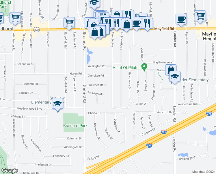 map of restaurants, bars, coffee shops, grocery stores, and more near 5724 Shawnee Road in Lyndhurst