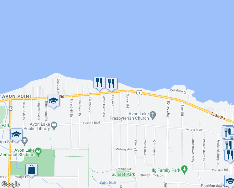 map of restaurants, bars, coffee shops, grocery stores, and more near 32443 Lake Road in Avon Lake