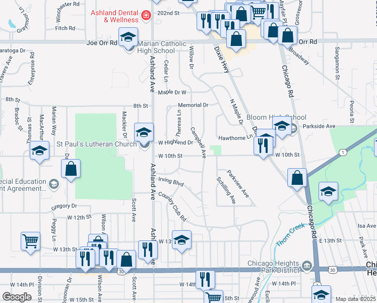 map of restaurants, bars, coffee shops, grocery stores, and more near 241 West 10th Street in Chicago Heights