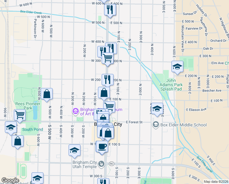map of restaurants, bars, coffee shops, grocery stores, and more near 156 North 100 East in Brigham City