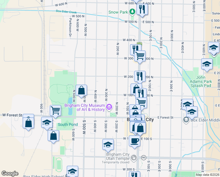 map of restaurants, bars, coffee shops, grocery stores, and more near 144 North 300 West in Brigham City