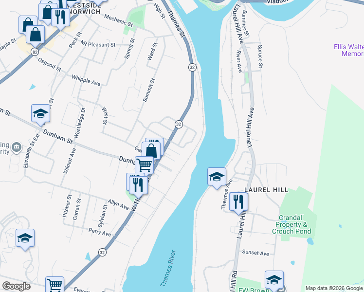 map of restaurants, bars, coffee shops, grocery stores, and more near 29 Kinney Avenue in Norwich