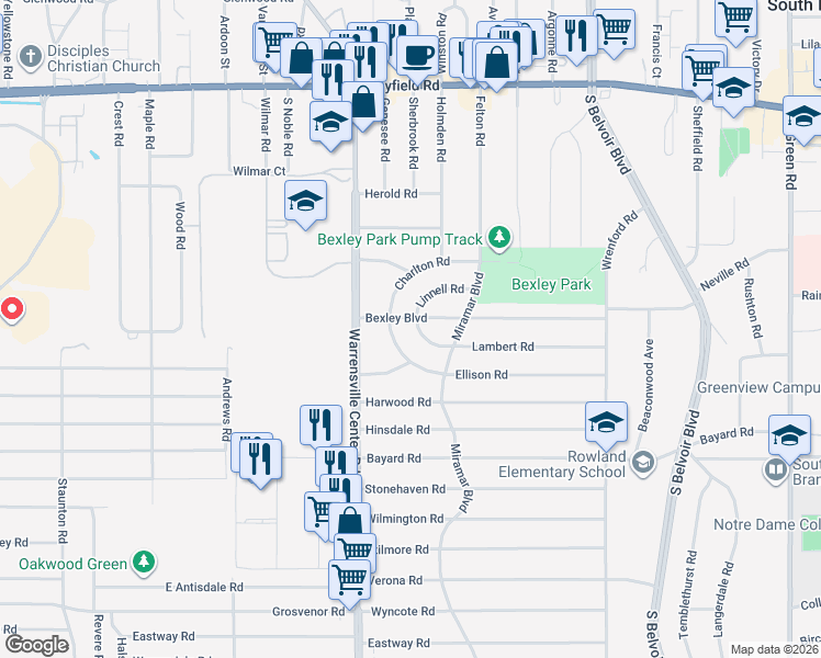 map of restaurants, bars, coffee shops, grocery stores, and more near 4088 Linnell Road in South Euclid