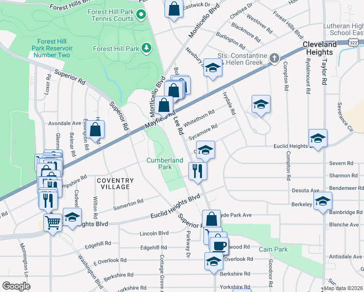 map of restaurants, bars, coffee shops, grocery stores, and more near 1672 Lee Road in Cleveland Heights