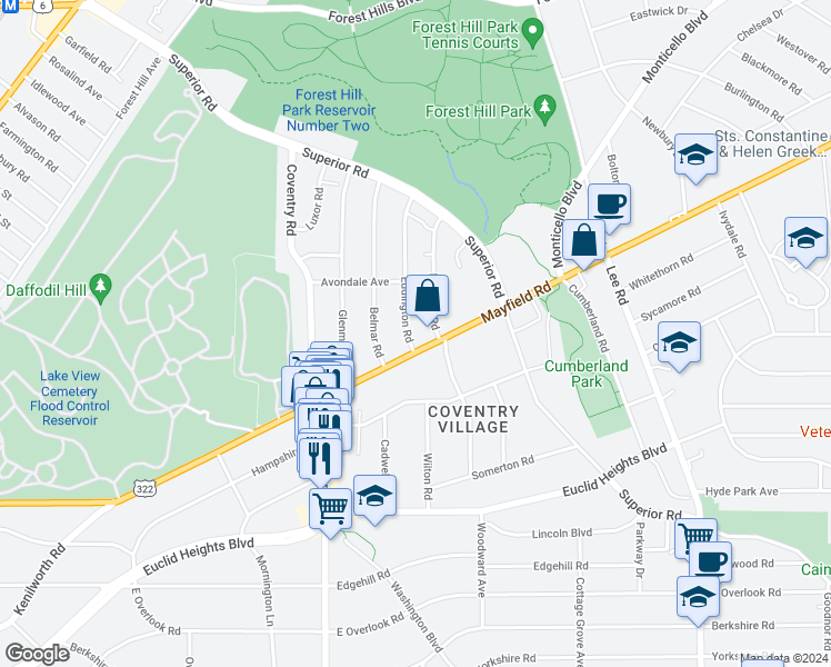 map of restaurants, bars, coffee shops, grocery stores, and more near 1666 Hillcrest Road in Cleveland Heights