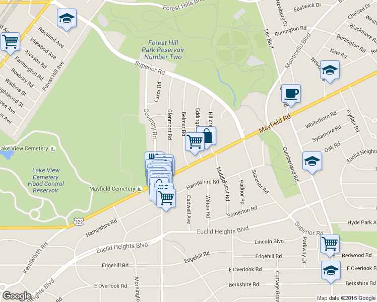 map of restaurants, bars, coffee shops, grocery stores, and more near 1668 Eddington Road in Cleveland Heights