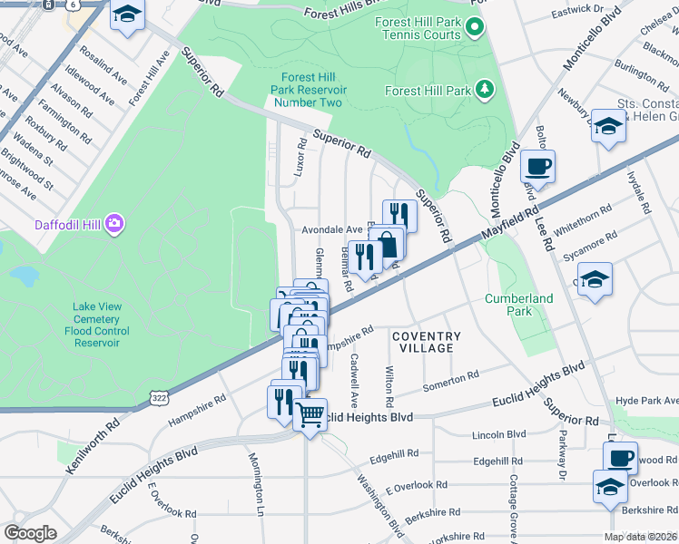 map of restaurants, bars, coffee shops, grocery stores, and more near 1667 Glenmont Road in Cleveland Heights