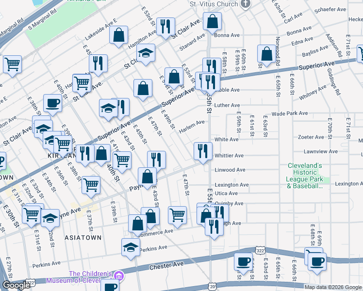 map of restaurants, bars, coffee shops, grocery stores, and more near 1595 East 49th Street in Cleveland