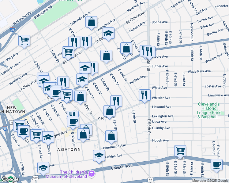map of restaurants, bars, coffee shops, grocery stores, and more near 1557 East 45th Street in Cleveland