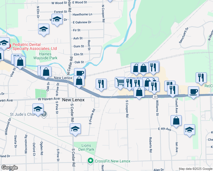 map of restaurants, bars, coffee shops, grocery stores, and more near 300 N Church Street in New Lenox