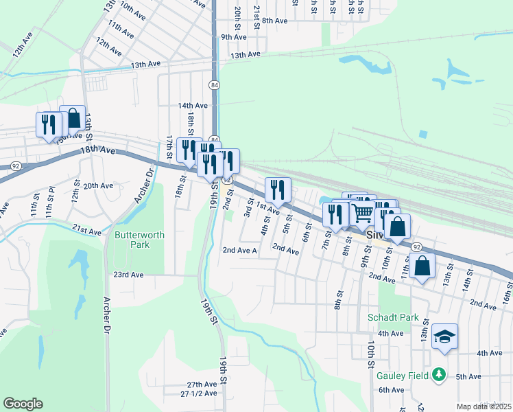 map of restaurants, bars, coffee shops, grocery stores, and more near 121 3rd Street in Silvis