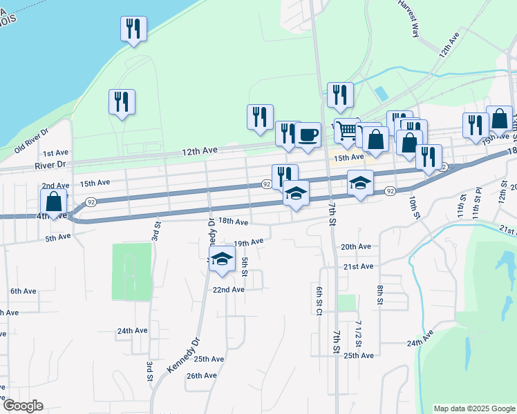 map of restaurants, bars, coffee shops, grocery stores, and more near 456 16th Avenue in East Moline