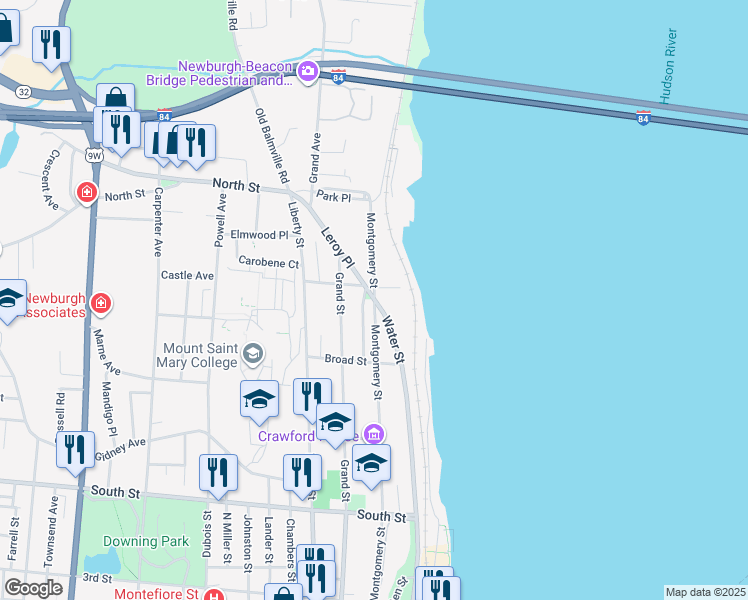 map of restaurants, bars, coffee shops, grocery stores, and more near 350 North Water Street in Newburgh
