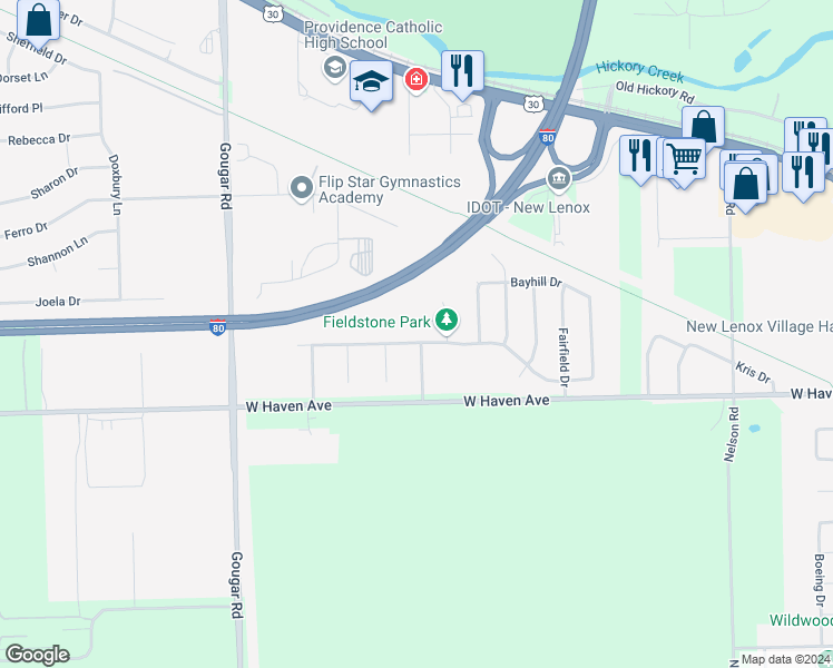 map of restaurants, bars, coffee shops, grocery stores, and more near 1721 Grand Prairie Drive in New Lenox