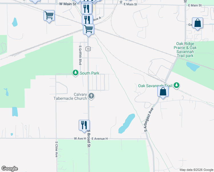 map of restaurants, bars, coffee shops, grocery stores, and more near 522 South Indiana Avenue in Griffith