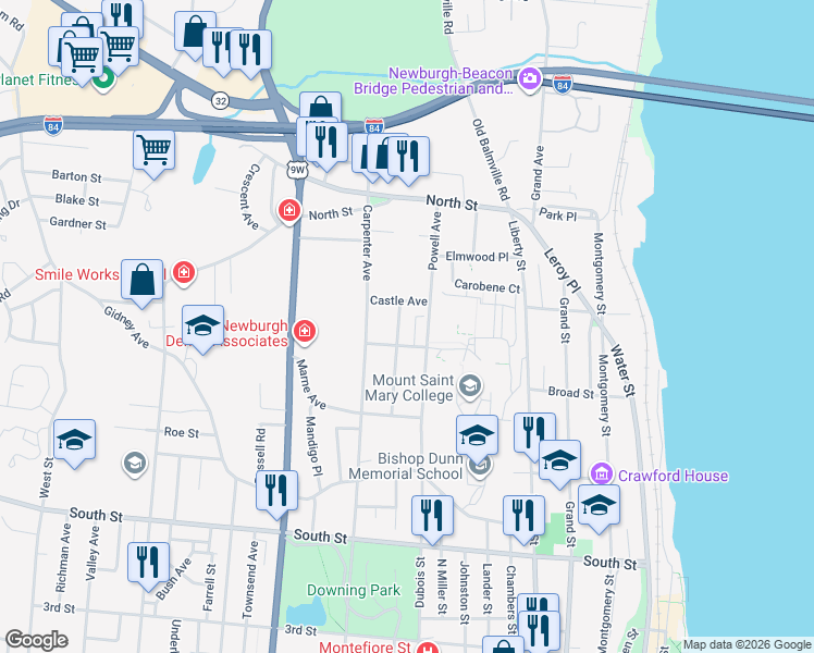 map of restaurants, bars, coffee shops, grocery stores, and more near 39 City Terrace North in Newburgh