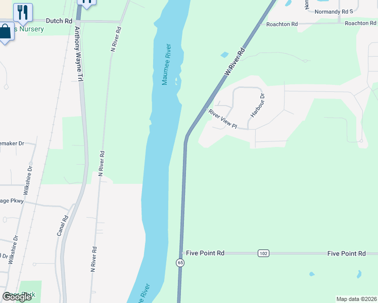 map of restaurants, bars, coffee shops, grocery stores, and more near 25030 West River Road in Perrysburg