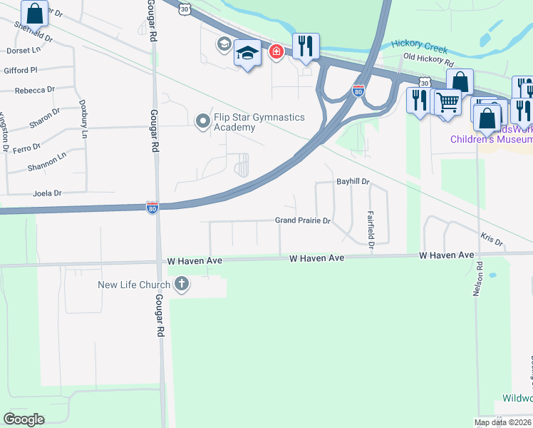 map of restaurants, bars, coffee shops, grocery stores, and more near 1721 Grand Prairie Drive in New Lenox