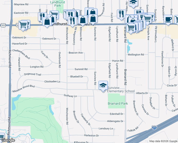 map of restaurants, bars, coffee shops, grocery stores, and more near 5451 Summit Road in Lyndhurst