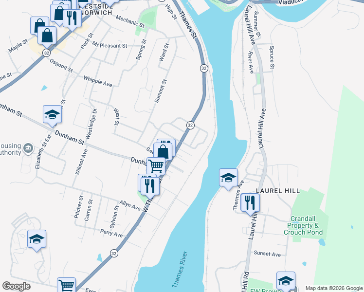 map of restaurants, bars, coffee shops, grocery stores, and more near 158 West Thames Street in Norwich