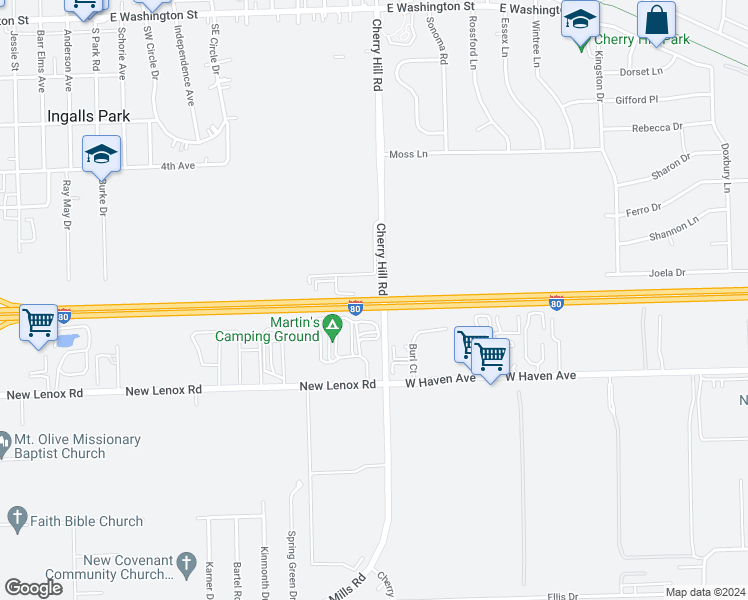 map of restaurants, bars, coffee shops, grocery stores, and more near Interstate 80 in Joliet