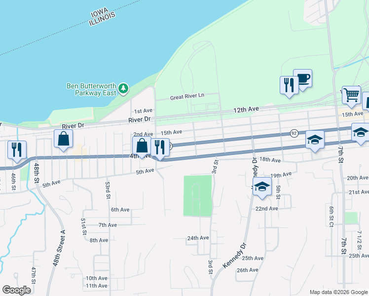 map of restaurants, bars, coffee shops, grocery stores, and more near 145 16th Avenue in East Moline