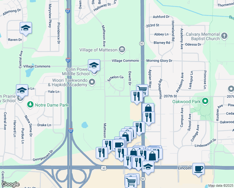 map of restaurants, bars, coffee shops, grocery stores, and more near 1303 Echelon Circle in Matteson