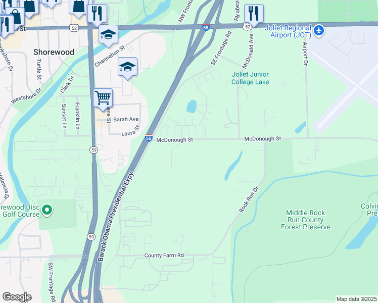 map of restaurants, bars, coffee shops, grocery stores, and more near McDonough St in Joliet