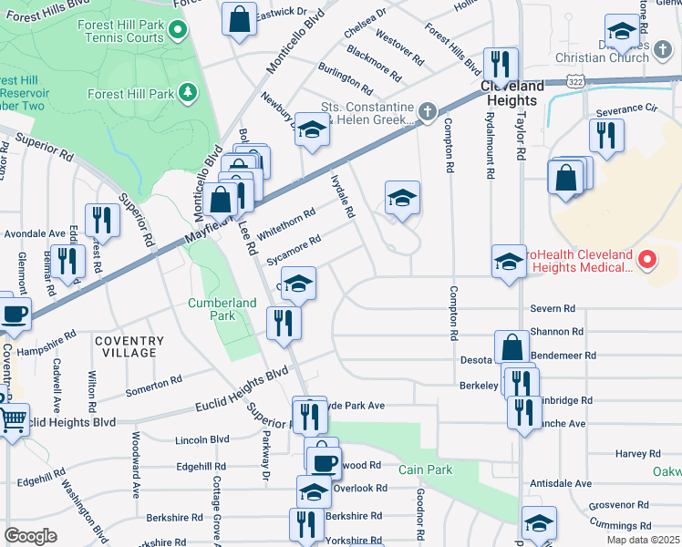 map of restaurants, bars, coffee shops, grocery stores, and more near 3228 Oak Road in Cleveland Heights