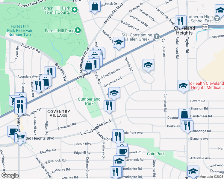 map of restaurants, bars, coffee shops, grocery stores, and more near 3146 Sycamore Road in Cleveland Heights